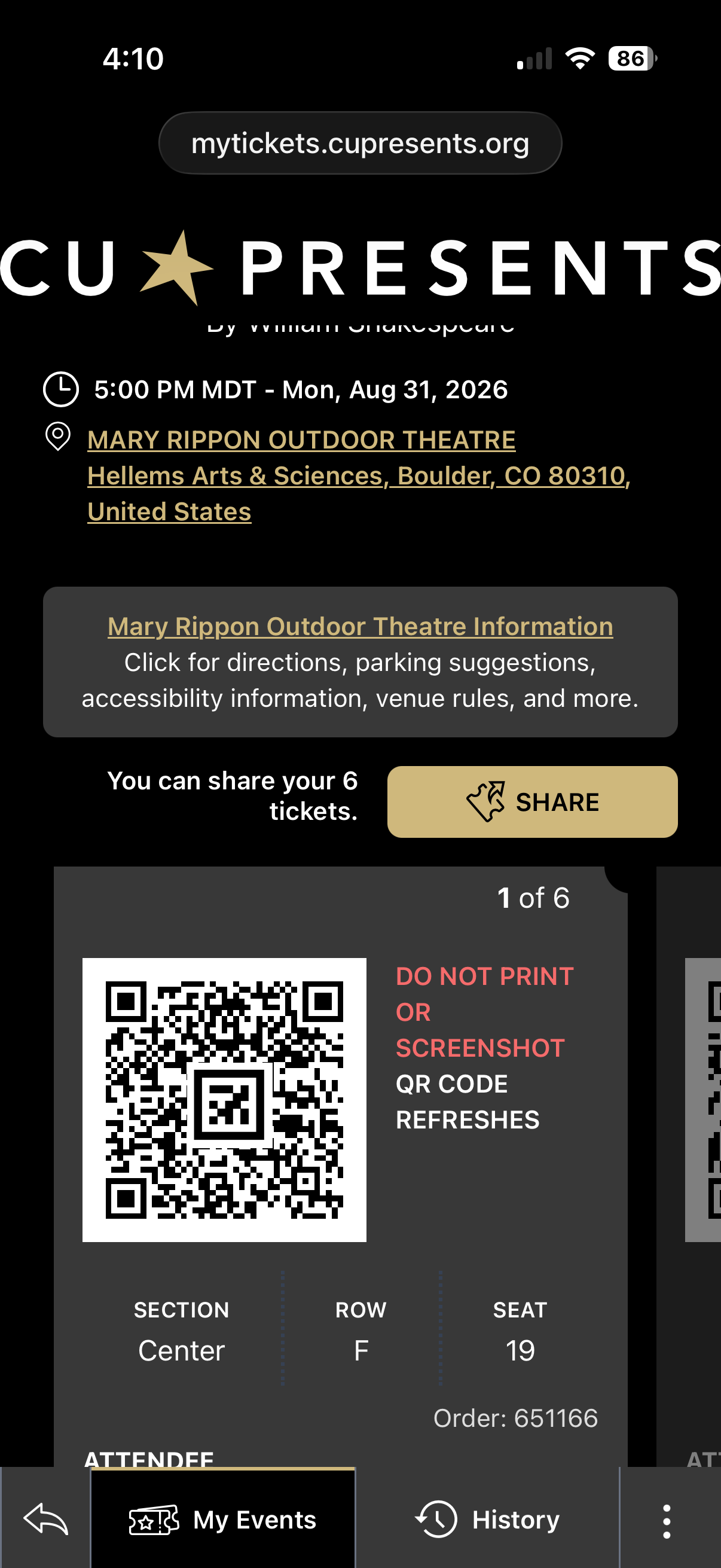 Screencap of digital ticket with barcode