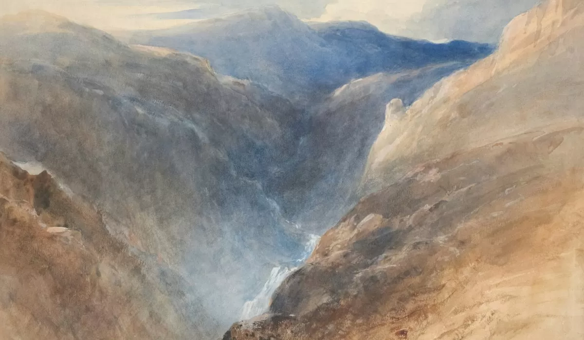Watercolor painting of a rugged mountain valley with a waterfall cascading between rocky cliffs.