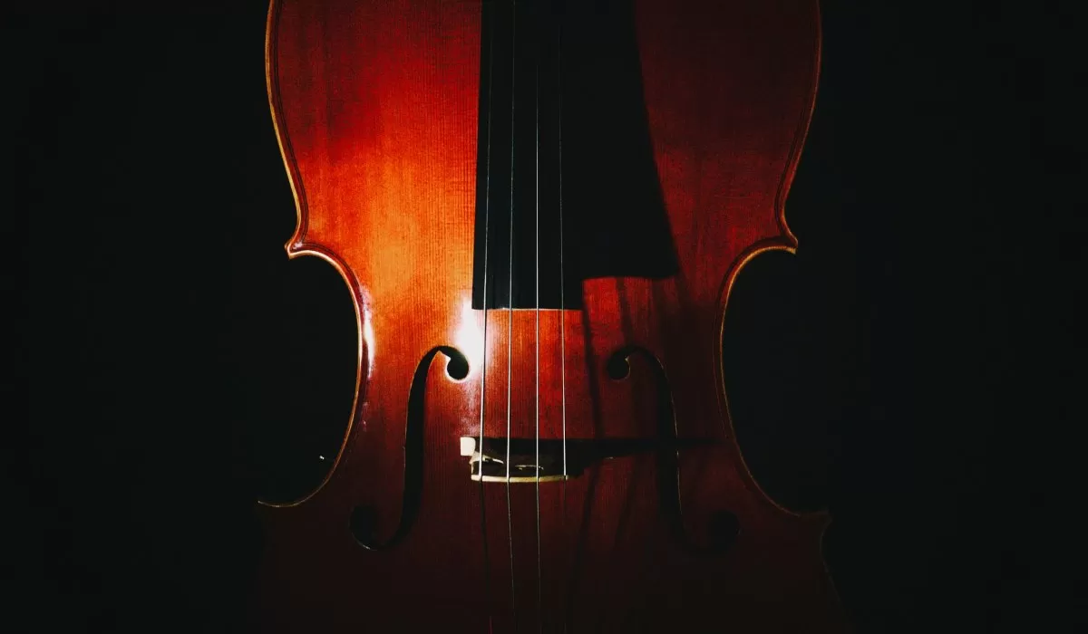 Close-up of a wooden cello illuminated against a dark background.
