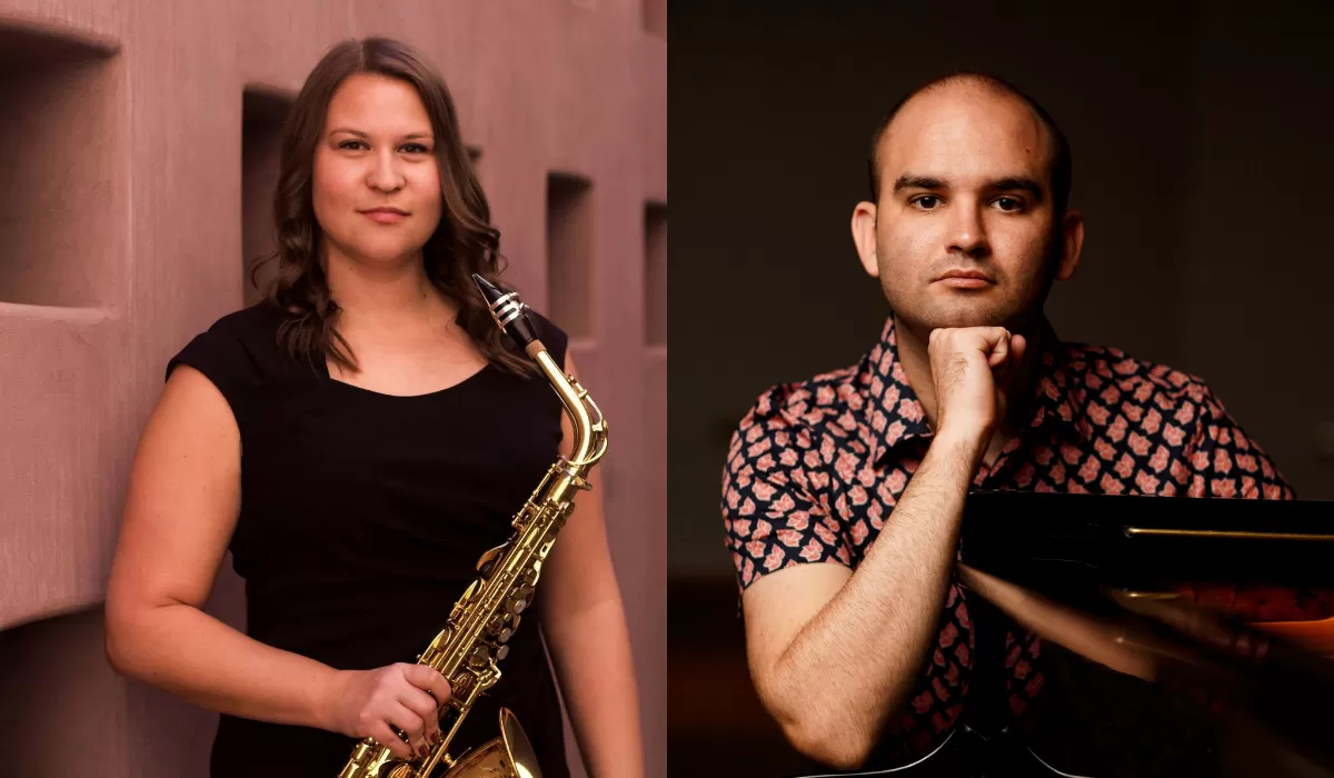 Portrait of two musicians: a saxophonist on the left and a pianist seated at a grand piano on the right.