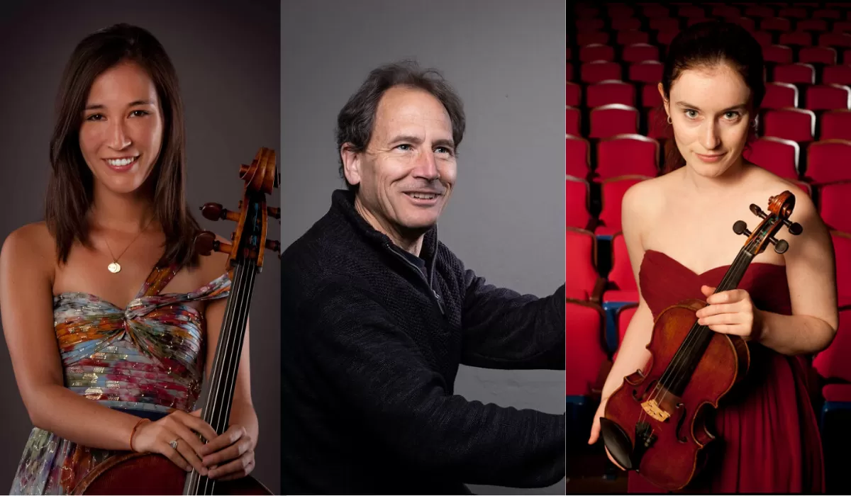 Three-panel portrait of musicians, including a cellist, pianist, and violinist.