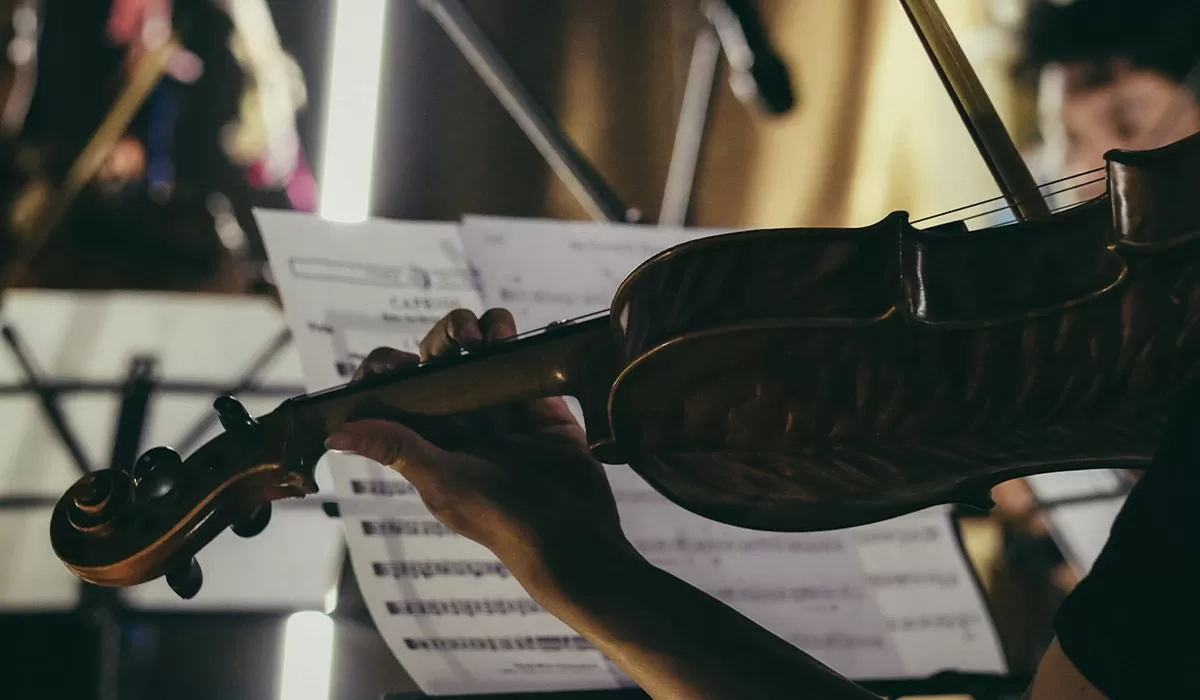 Close-up of a violinist playing from sheet music during a live orchestral performance.