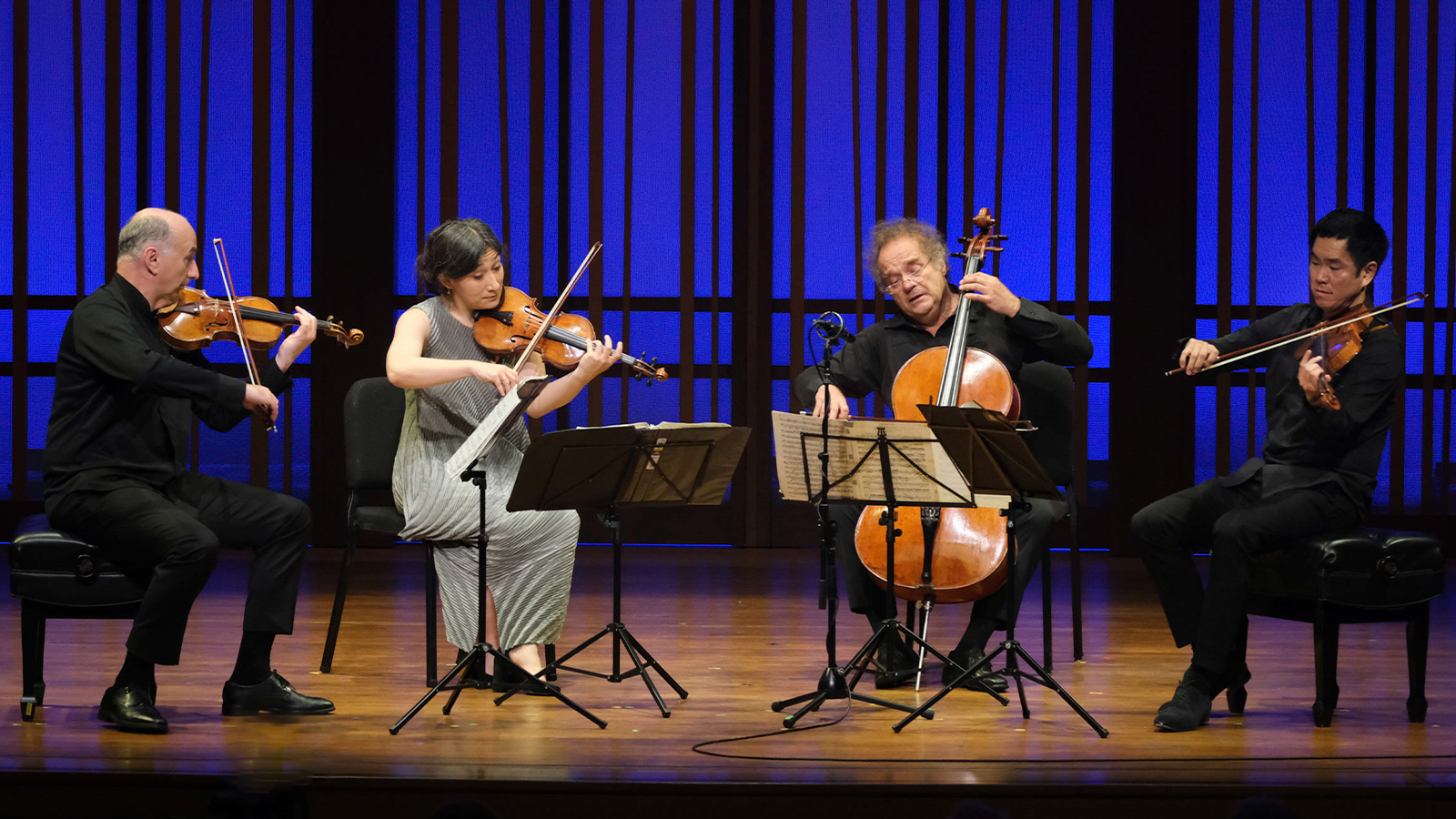 Four stringed instrument players on a blue lit stage.