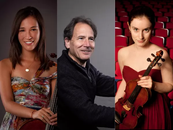 Three-panel portrait of musicians, including a cellist, pianist, and violinist.
