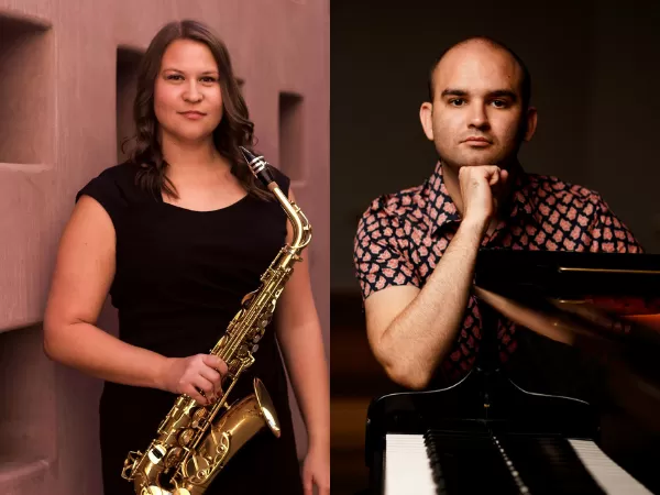 Portrait of two musicians: a saxophonist on the left and a pianist seated at a grand piano on the right.