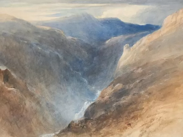 Watercolor painting of a rugged mountain valley with a waterfall cascading between rocky cliffs.