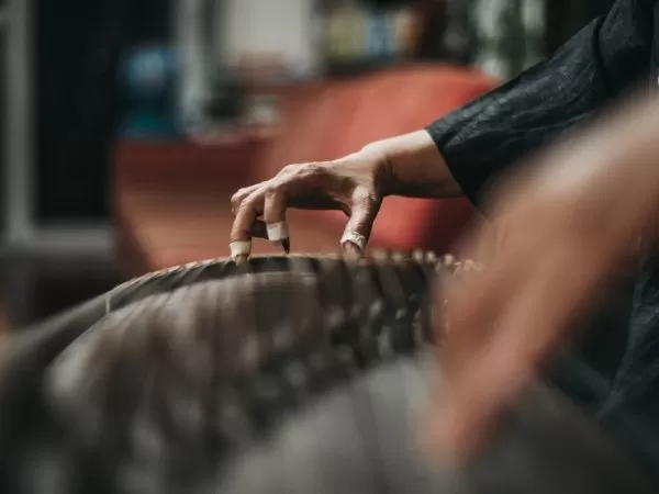 Close-up of a musician’s hand playing a gayageum, a traditional Korean string instrument.